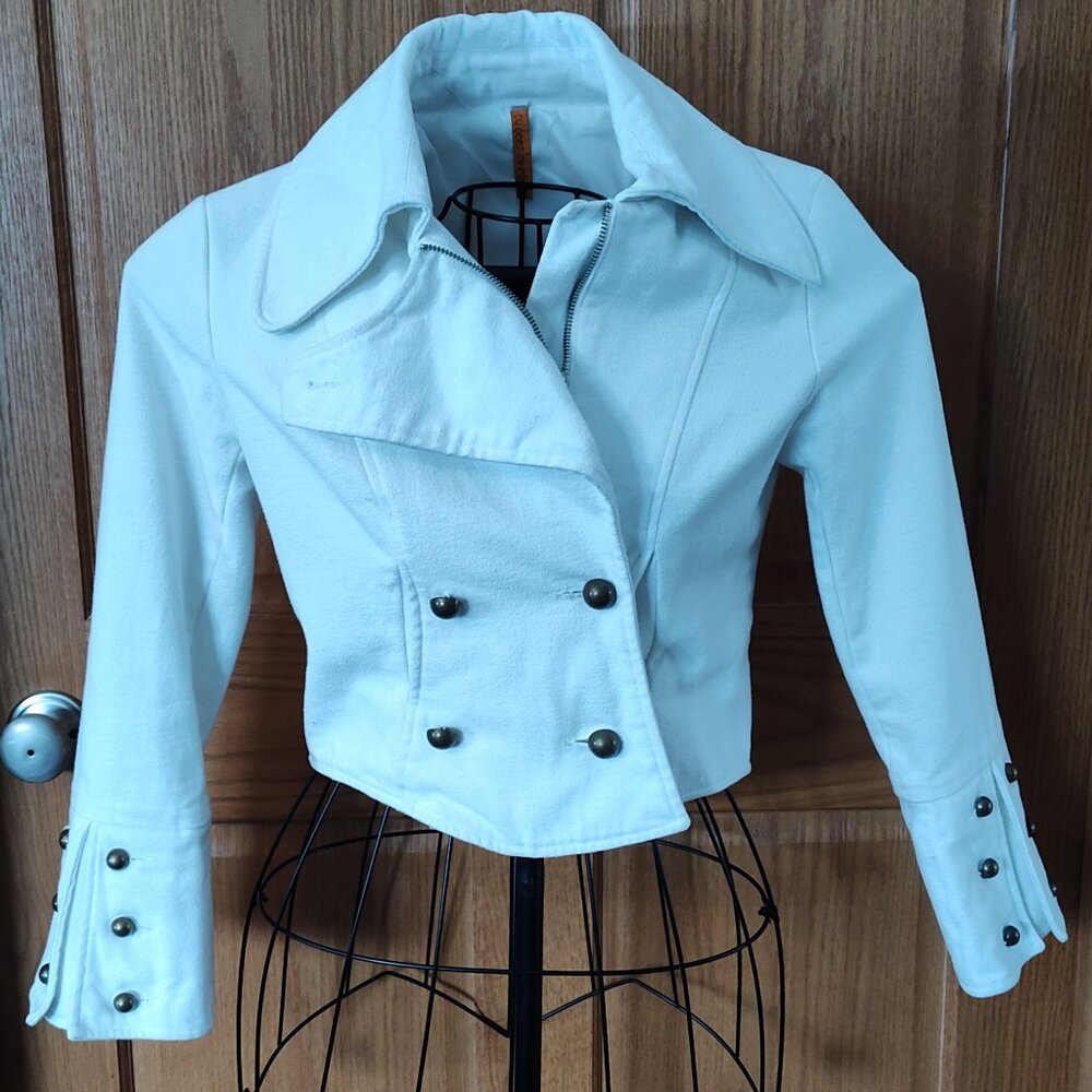White cropped military style moto jacket, sz S